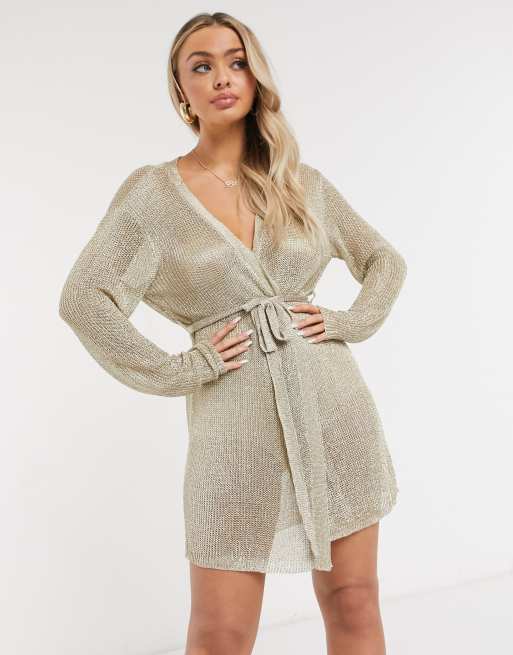 Gold knit 2025 wrap dress