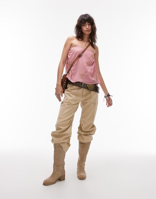 Lioness miami low rise pocket detail wide leg jeans in washed ecru, 2 of 5