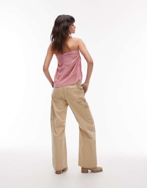 Lioness miami low rise pocket detail wide leg jeans in washed ecru, 3 of 5