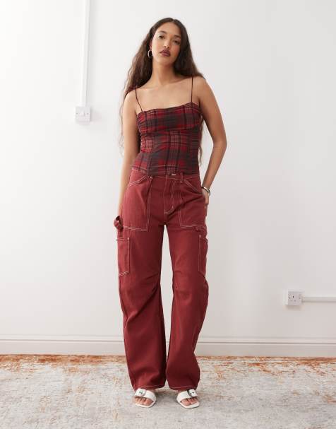 Lioness Miami Vice lowrise pocket detail wide leg jeans co-ord in burgundy