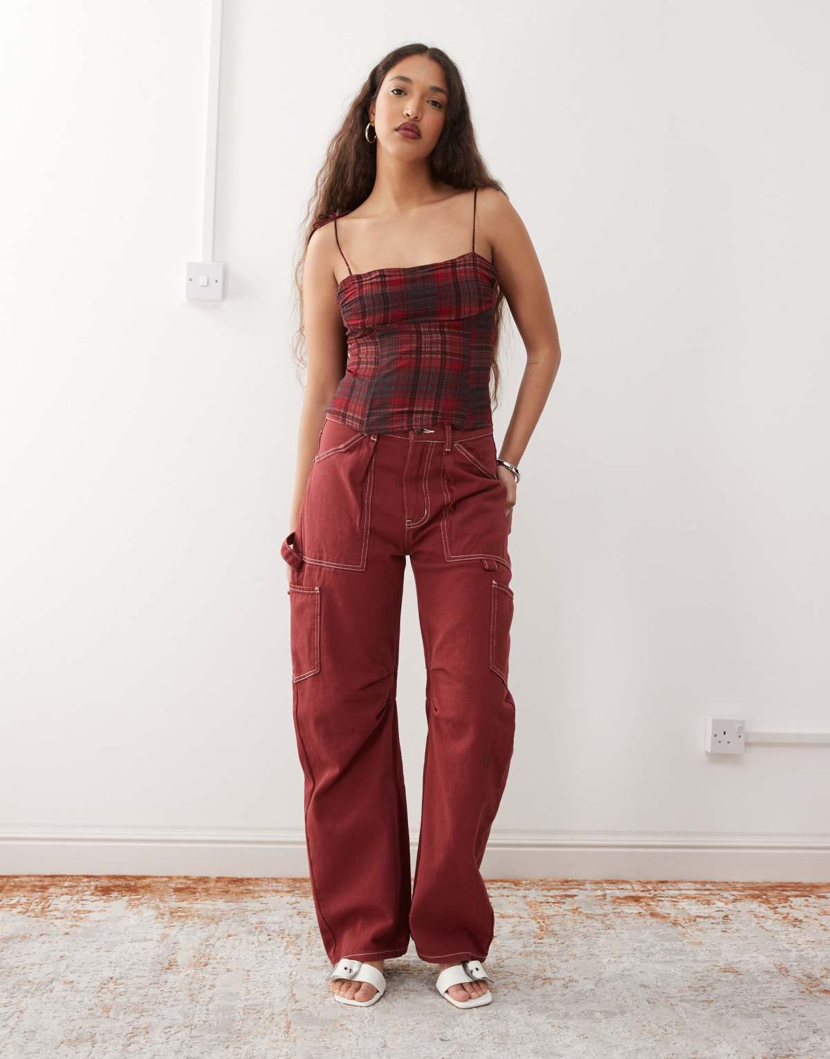 Lioness Miami Vice lowrise pocket detail wide leg jeans co-ord in burgundy