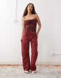 [Lioness] Lioness Miami Vice lowrise pocket detail wide leg jeans in burgundy (part of a set)-Red L Cherry