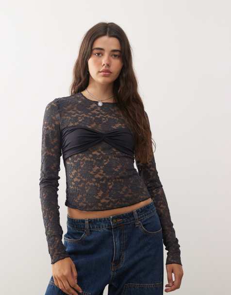 Lioness Midnight long sleeve sheer lace top in black
