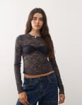 [Lioness] Lioness Midnight long sleeve sheer lace top in black XL Jet black