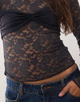 Lioness Midnight Long Sleeve Sheer Lace Top In Blue