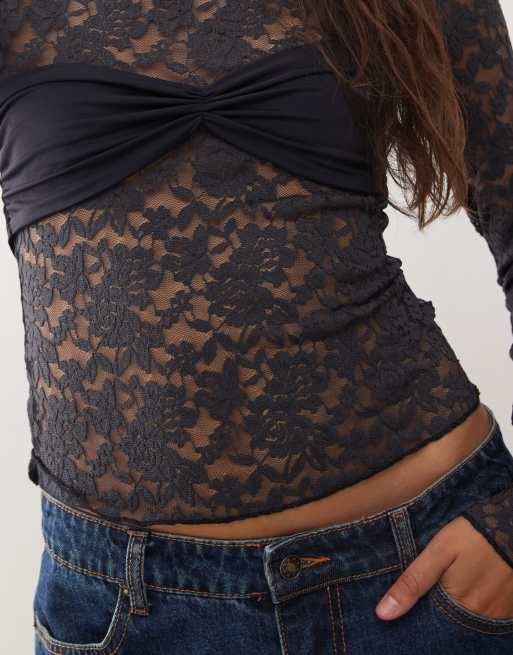 Lioness Midnight long sleeve sheer lace top in black
