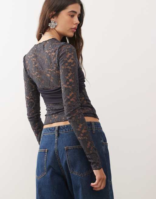 Lioness Midnight long sleeve sheer lace top in black