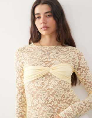 Lioness Midnight Long Sleeve Sheer Lace Top In Yellow