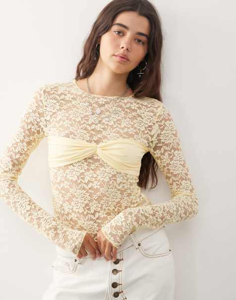 Lioness - Midnight - Lysegul top med lange ærmer i gennemsigtigt blondestof - view 1