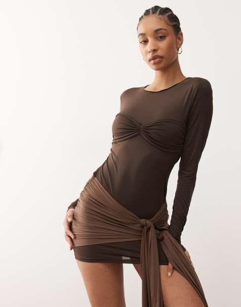 Lioness Midnight slinky long sleeve contrast drape tie skirt detail mini dress in chocolate - view 1