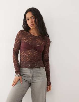 Midnight - Top manches longues en dentelle transparente - Shiraz-Rouge XXS