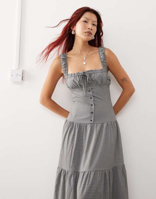 Lioness milkmaid tiered maxi dress in mono gingham ASOS