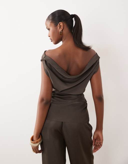Lioness - Mokkabrun offshoulder-top i satin med hjerteformet hals - Del af sæt, 4 af 4