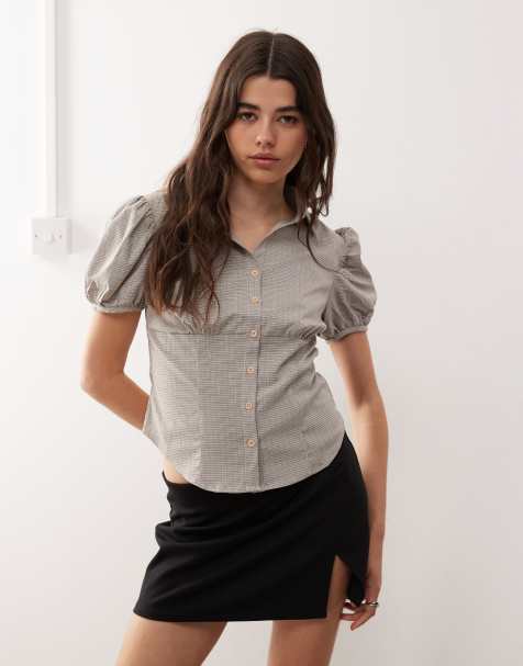 Lioness Mon Cheri puff sleeve button up blouse in beige check - view 1