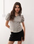 [Lioness] Lioness Mon Cheri puff sleeve button up blouse in beige check-Neutral XXS BEIGE