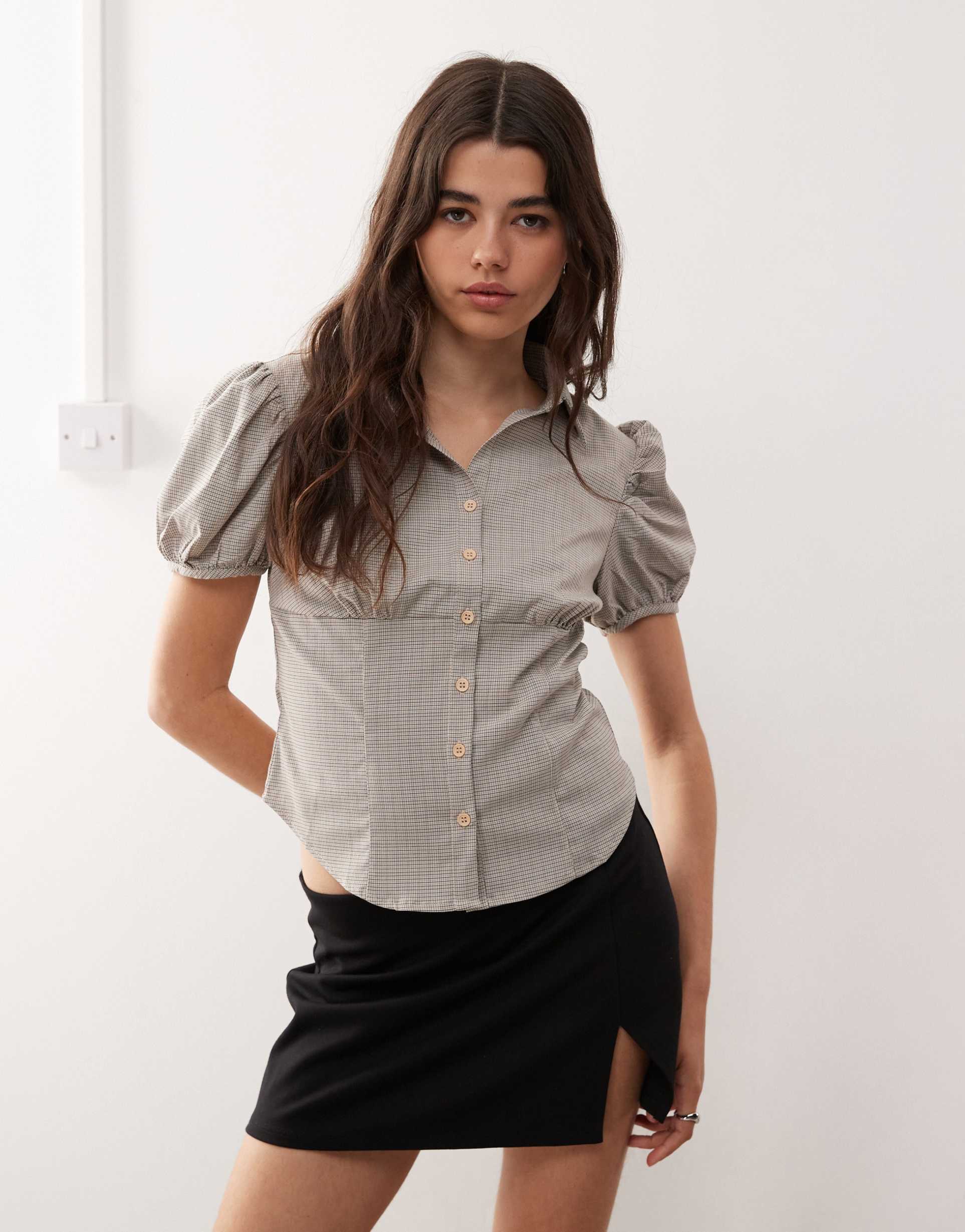 lioness mon cheri puff sleeve button up blouse in beige plaid