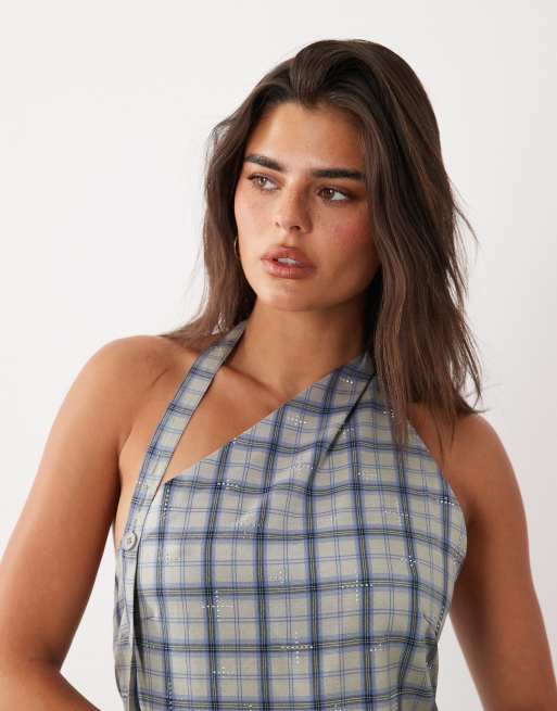 Lioness Moonlight asymmetric halterneck ruching detailed mini dress in blue plaid, 3 of 4