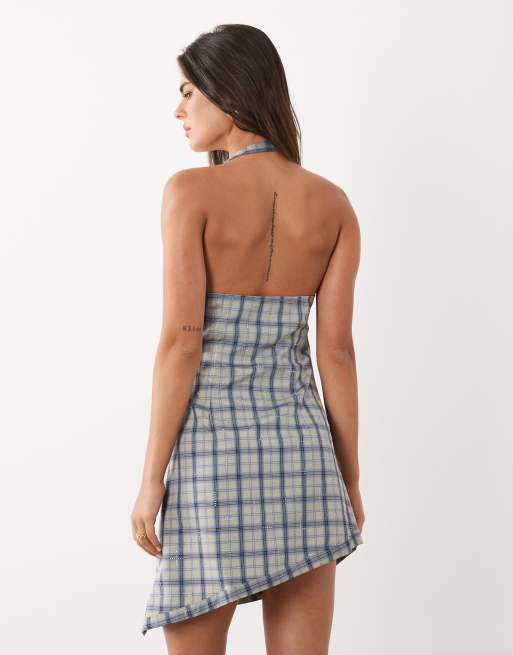 Lioness Moonlight asymmetric halterneck ruching detailed mini dress in blue plaid, 4 of 4