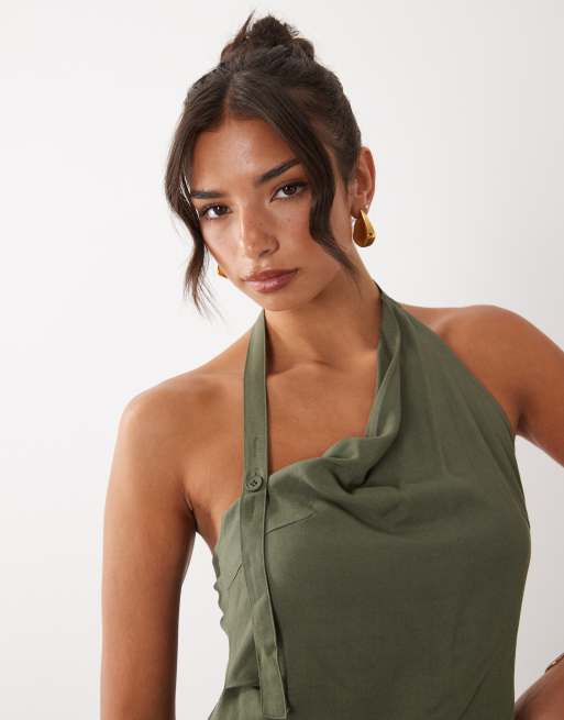 Lioness Moonlight linen rich asymmetric halterneck draped mini dress in khaki, 2 of 4