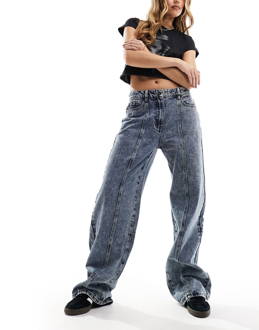 lioness - mörkblå, stentvättade baggy jeans med låg midja och dekorativ'söm-marinblå
