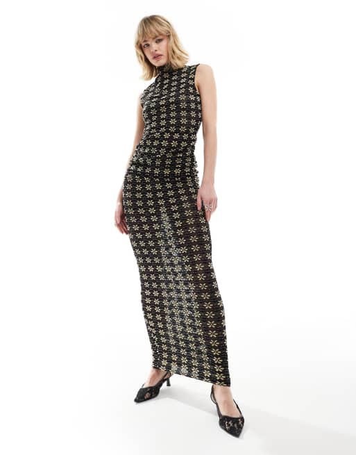 Lioness - Mouwloze hoogsluitende maxi jurk van mesh in zwart met bloemenprint
