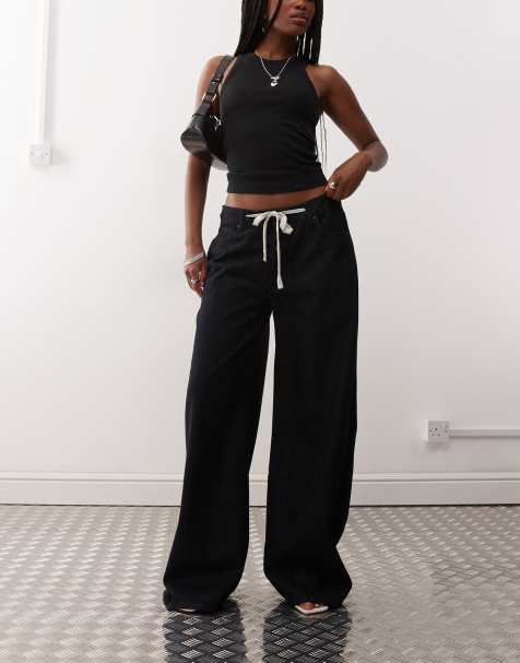 Lioness Muse low rise wide leg tie detail jean in rinse wash
