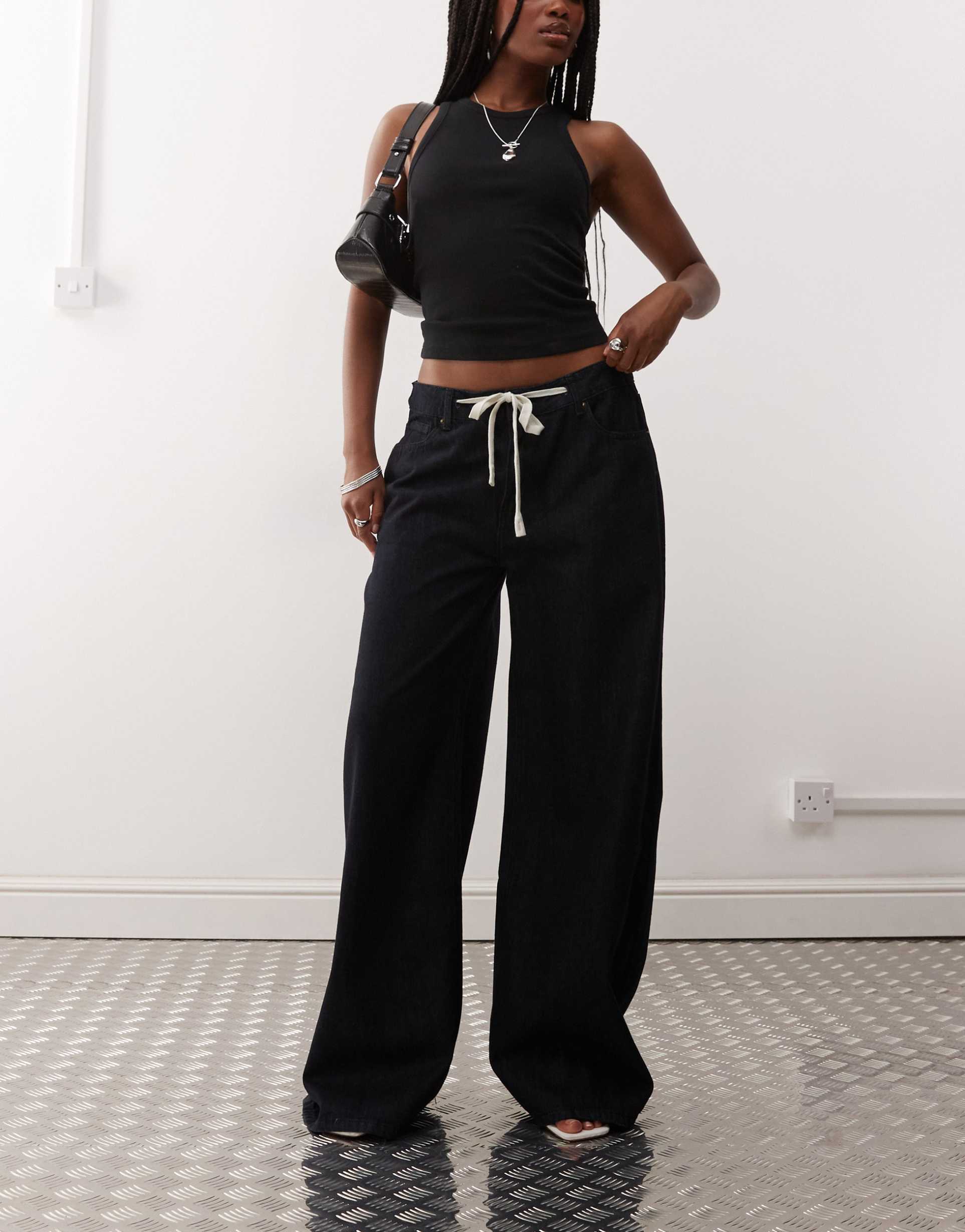 lioness muse low rise wide leg tie detail jean in rinse wash