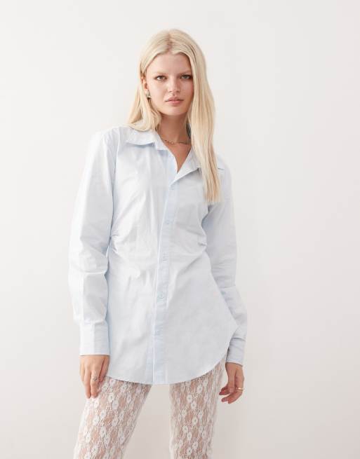 Lioness Naomi cinched waist slit front collared shirt in soft blue