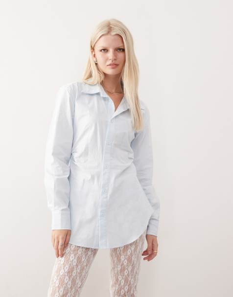 Lioness Naomi cinched waist split front collared shirt in soft blue - view 1