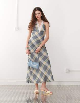 Lioness - Neckholder-Maxikleid in Vintage-Blau mit Karomuster im 90er-Jahre-Stil, Spitzenbesatz und tiefem Rückenausschn...