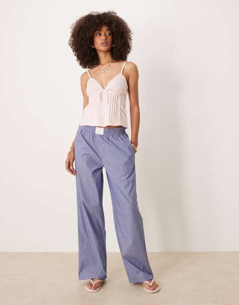 Lioness – Niebieskie popelinowe spodnie w paski z szerokimi nogawkami i talią w stylu bokserek - view 1