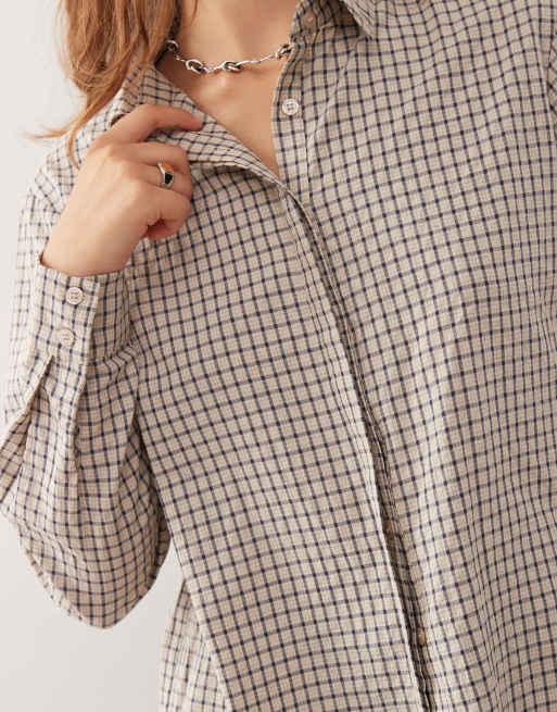 Lioness Nirvana 90s button through fitted shirt in vintage beige check, 3 of 4