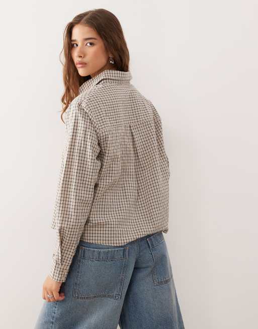 Lioness Nirvana 90s button through fitted shirt in vintage beige check, 4 of 4