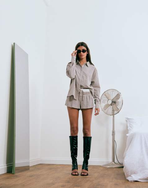 Lioness - Nirvana - Co-ord set van geruit overhemd en short in beige - view 1