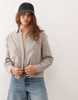 Lioness - Nirvana - Getailleerd geruit overhemd met knoopjes in jaren 90-stijl in beige