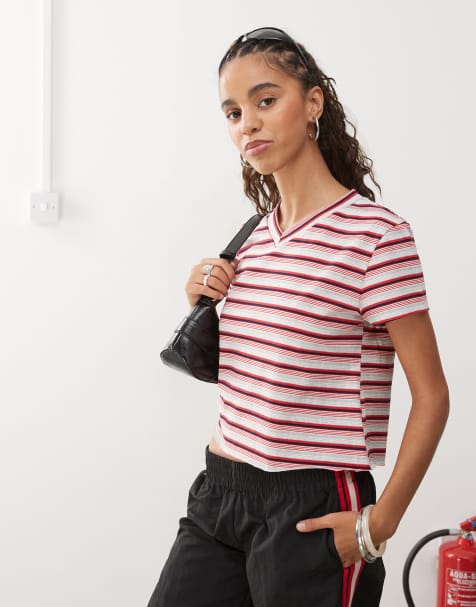 Lioness North Light V-neck short sleeve T-shirt in burgundy and red stripe - part of a set - view 1