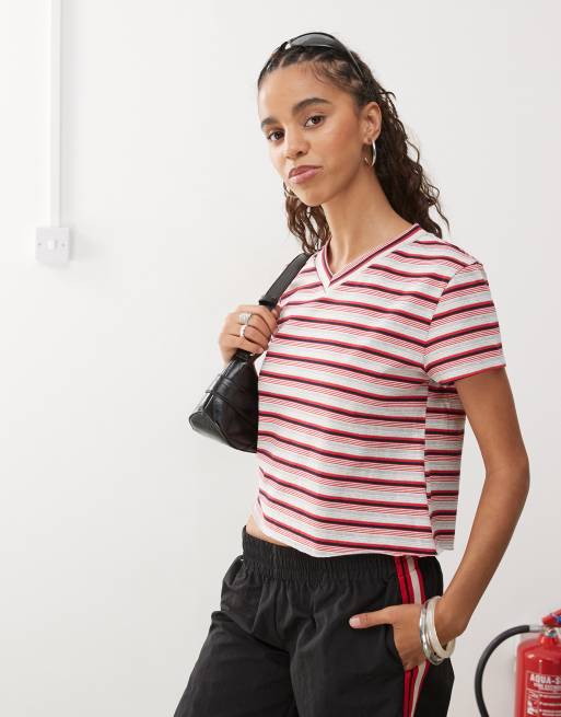 Lioness north light v neck short sleeve t-shirt in burgundy and red stripes - part of a set
