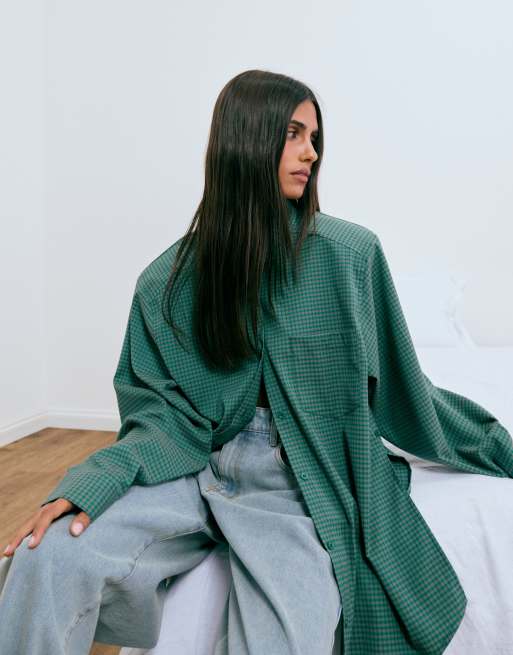 Lioness Notting Hill camicia oversize con spalline imbottite, multiuso, con bottoni davanti, a quadri verdi, 2 di 4