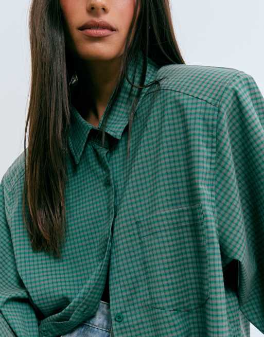 Lioness Notting Hill camicia oversize con spalline imbottite, multiuso, con bottoni davanti, a quadri verdi, 3 di 4