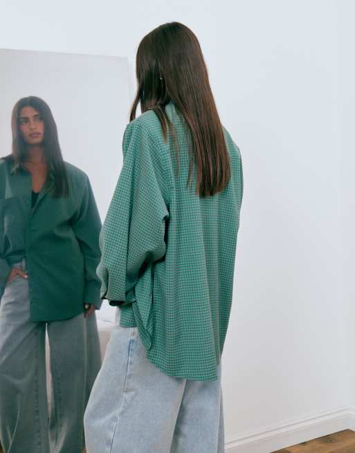 Lioness Notting Hill camicia oversize con spalline imbottite, multiuso, con bottoni davanti, a quadri verdi, 4 di 4