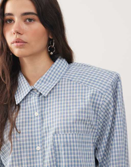 Lioness - Notting Hill - Camicia oversize in cotone con spalline imbottite e bottone multiposizione celeste a quadri, 2 di 4