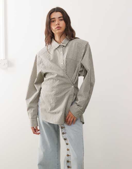 Lioness - Notting Hill - Camicia oversize in cotone crema a quadri con spalline imbottite e bottone multiposizione