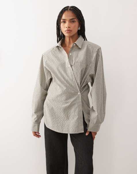 Lioness - Notting Hill - Chemise oversize à carreaux boutonnée sur le devant à épaulettes - Crème - view 1