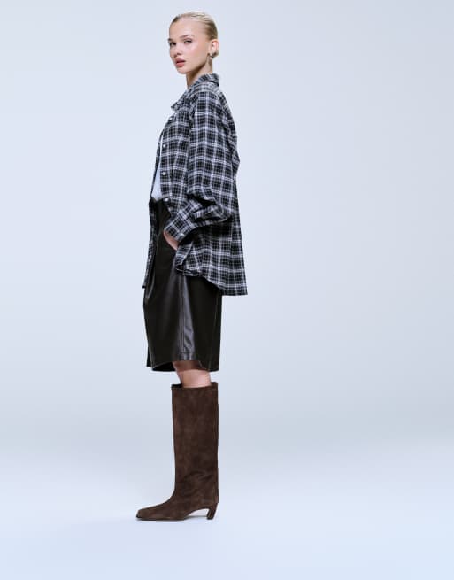 Lioness Notting Hill cotton oversized shoulder pad detail multiway button front shirt in black check, 2 of 4