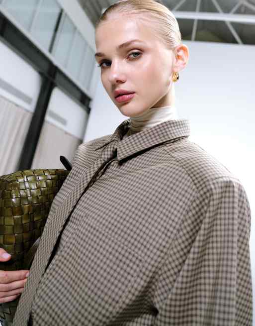 Lioness Notting Hill cotton oversized shoulder pad detail multiway button front shirt with tie in dark beige check, 2 of 4