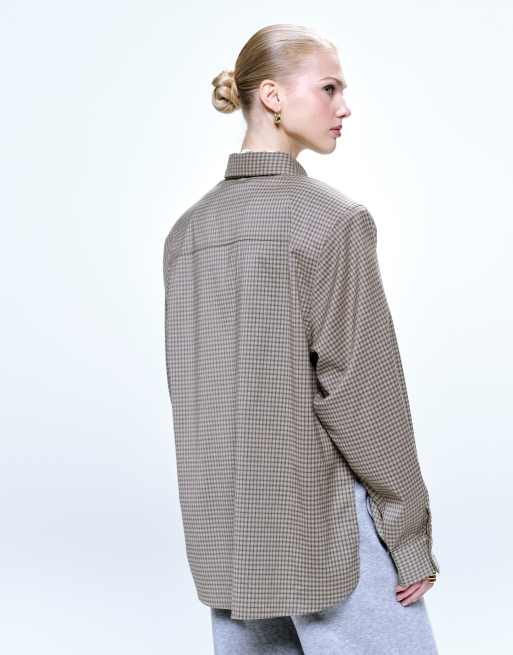 Lioness Notting Hill cotton oversized shoulder pad detail multiway button front shirt with tie in dark beige check, 3 of 4