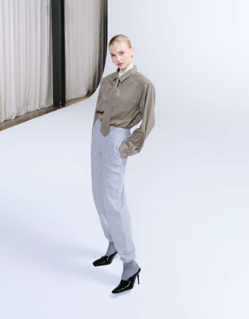 Lioness Notting Hill cotton oversized shoulder pad detail multiway button front shirt with tie in dark beige check, 4 of 4