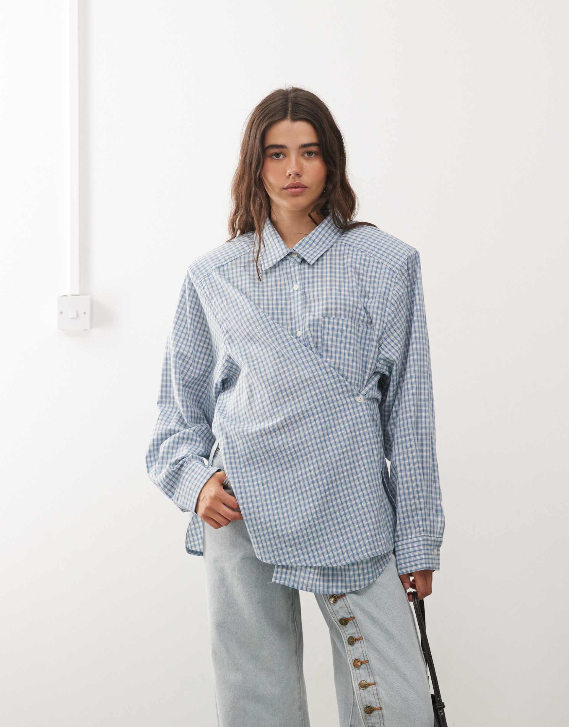 lioness notting hill cotton oversized shoulder pad detailing multiway button front shirt in baby blue plaid