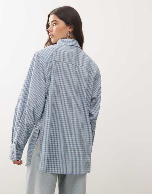 Lioness Notting Hill cotton oversized shoulder pad detailing multiway button front shirt in baby blue plaid, 3 of 4