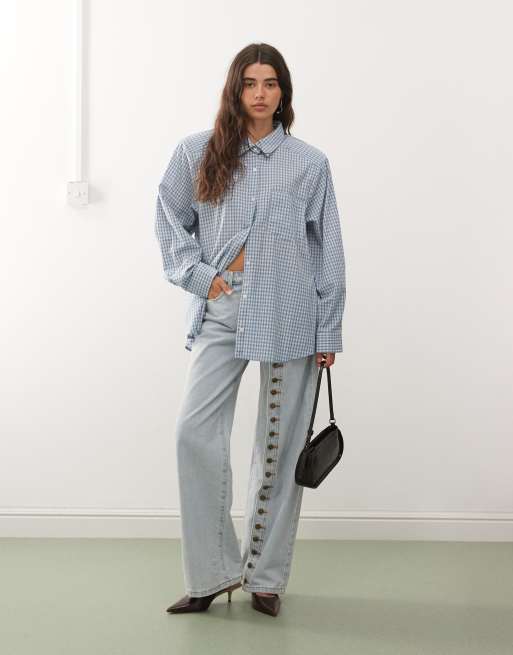 Lioness Notting Hill cotton oversized shoulder pad detailing multiway button front shirt in baby blue plaid, 4 of 4